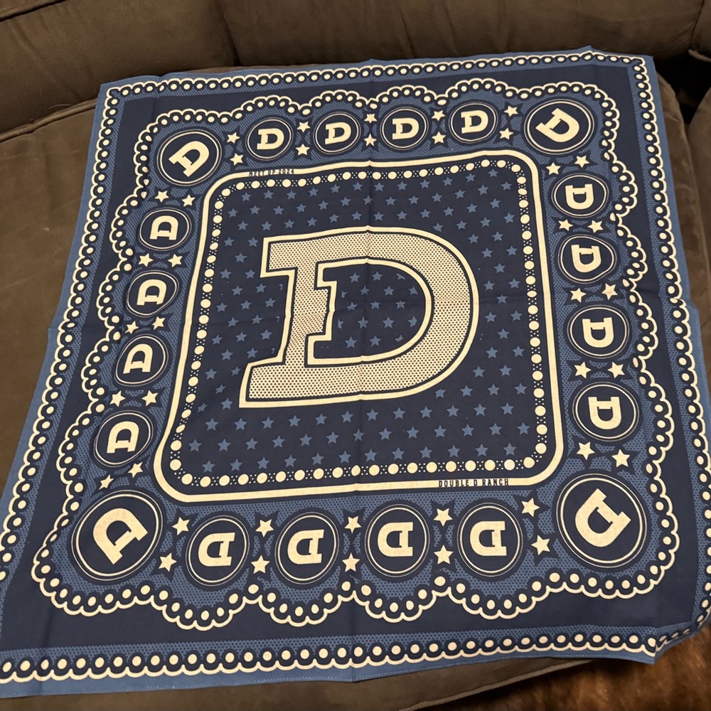 Double D Ranch navy logo cotton scarf. Brand new, in plastic sleeve.